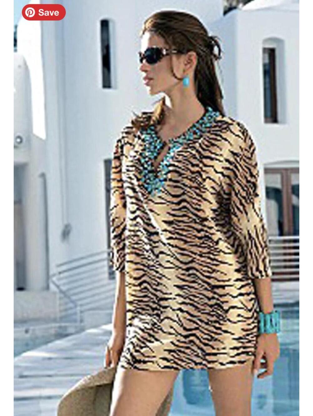 Y2K silk tunic zebra pattern /ornate turquoise embellishment